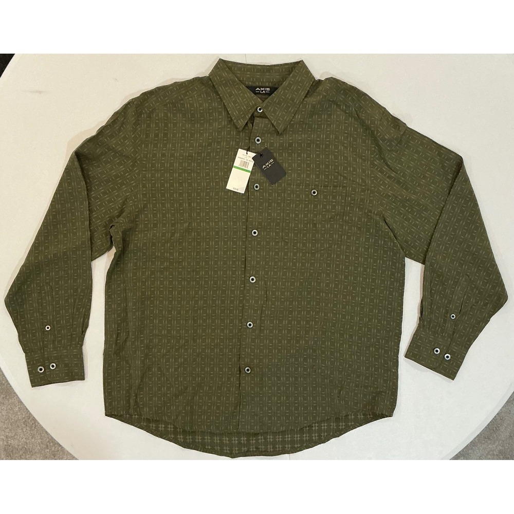 Axis LA Button Geometric Modal Blend Down Shirt Olive Green Mens Office L NWT